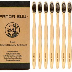 Natural Bamboo Toothbrush with Soft-Medium BPA Free Charcoal Infused Bristles | 8 Pack | Eco-Friendly Toothbrush and Biodegradable Handle