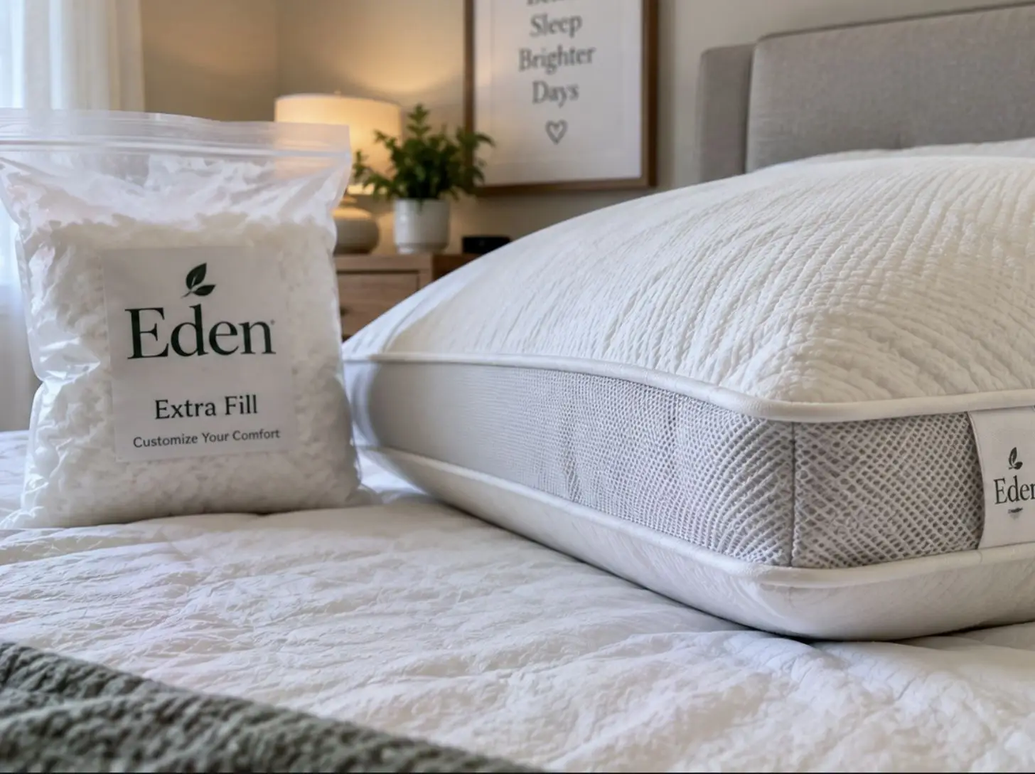 Coop Eden pillow with its extra bag of adjustable fill