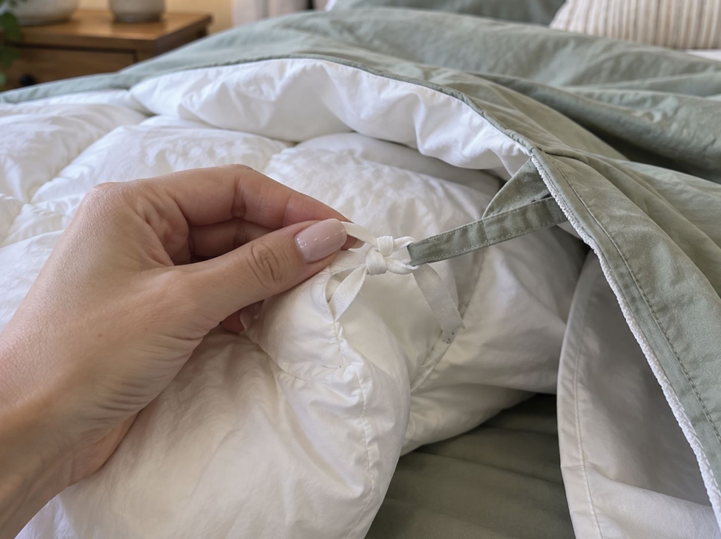 Duvet-cover tie fastened to the corner loop of Molly's comforter.