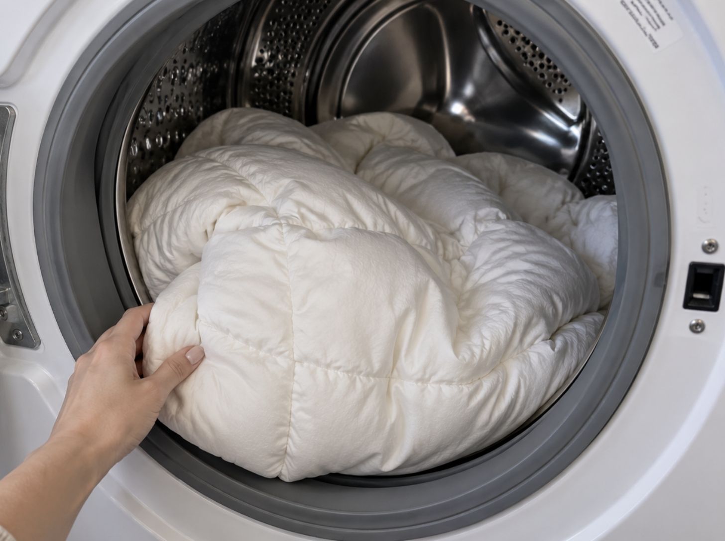 Molly checking that her Olive + Crate bamboo comforter has room to move inside the washer.