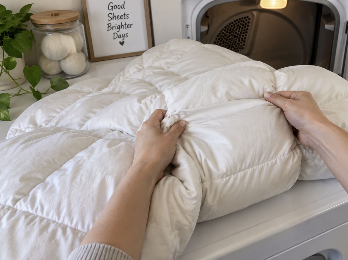 Molly redistributing the fill in her bamboo comforter during a low-heat drying cycle.
