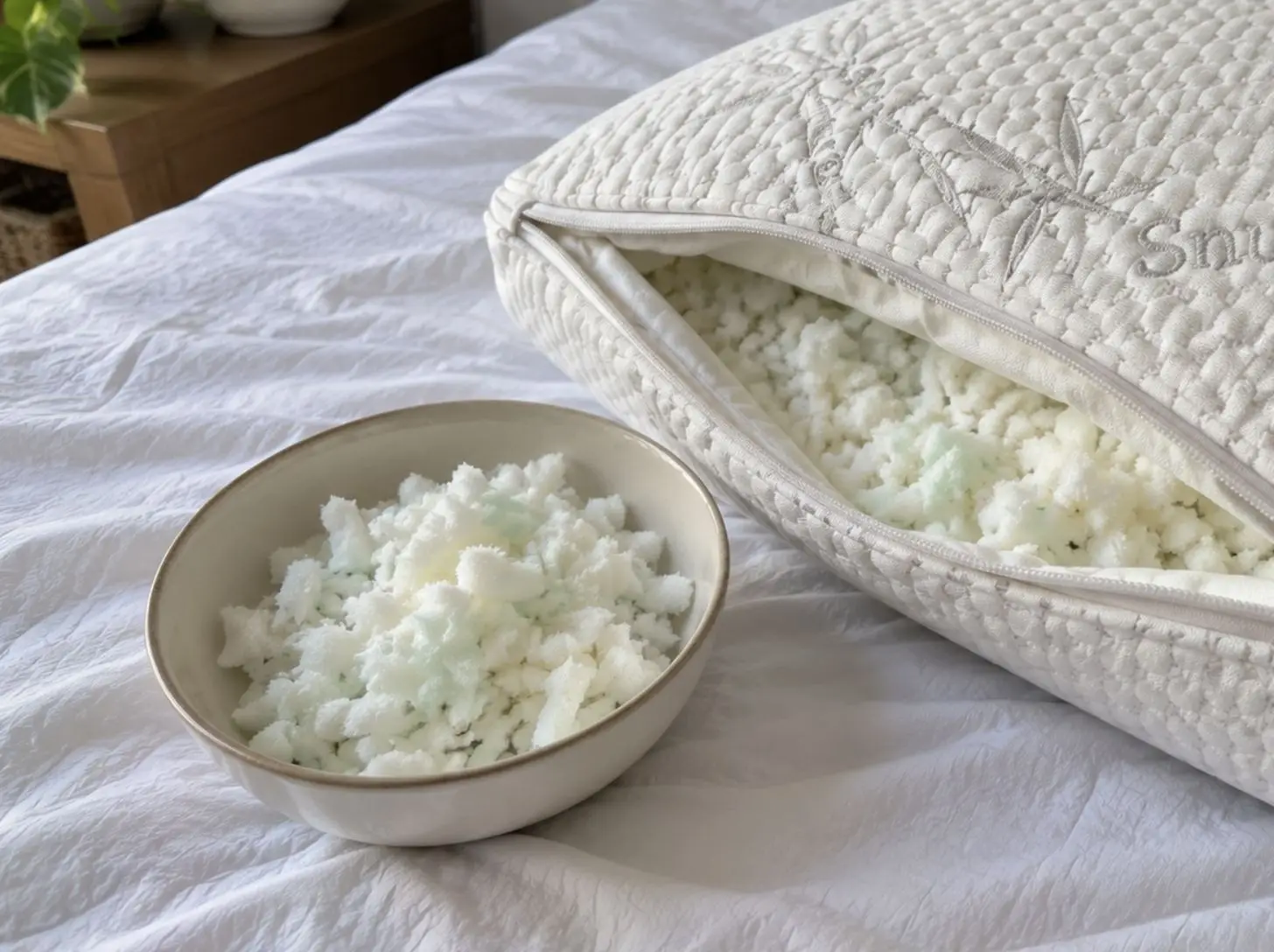 Snuggle-Pedic bamboo pillow opened to show adjustable shredded foam fill