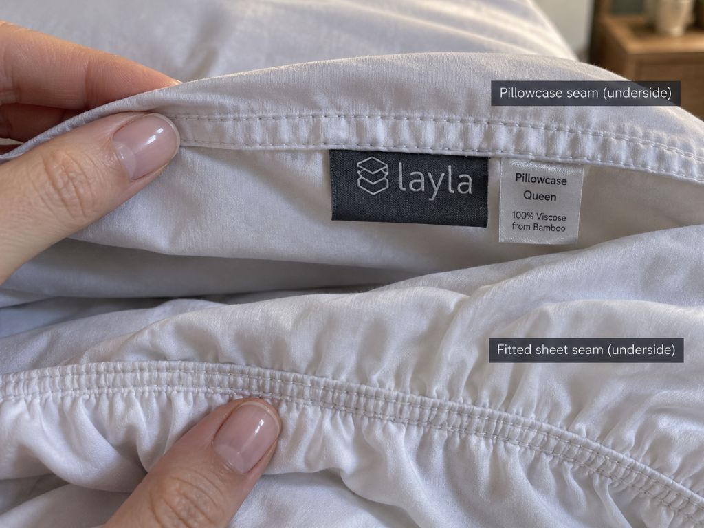 Close-up of the stitching on my Layla bamboo sheets