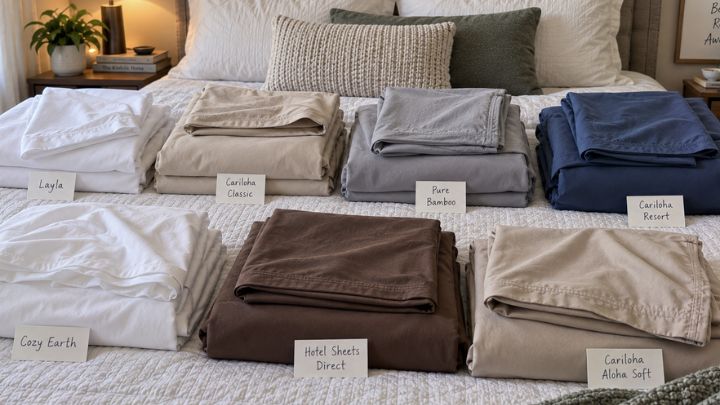 My seven recommended queen bamboo sheet sets arranged on my bed.