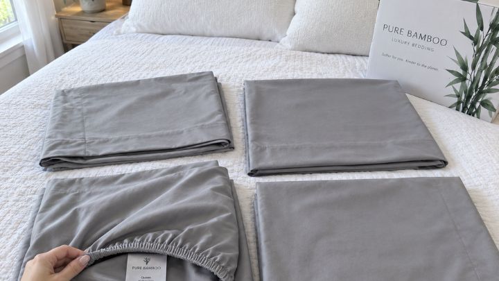My four-piece Pure Bamboo queen sheet set laid out on the bed